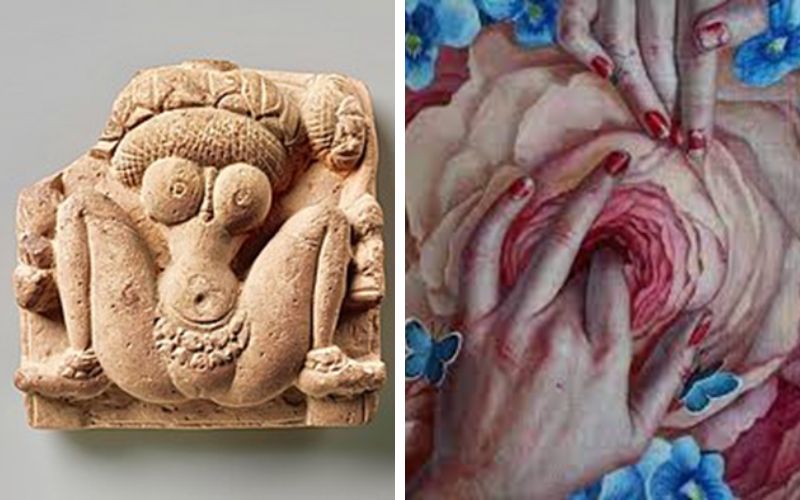 Tượng Lajja Gauri thế kỷ thứ 6 từ Madhya Pradesh. Trong tượng này và các tượng khác thời kỳ đầu, đầu của bà được thay thế một cách tượng trưng bằng một bông sen lớn, âm hộ của bà hiện rõ trong tư thế dang rộng như thể bà đang sinh con.